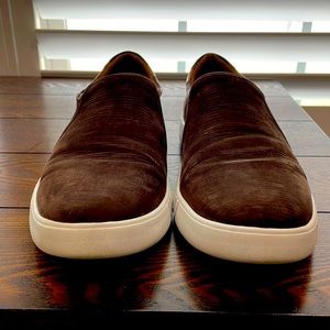 Brown suede slide ons shoes from Johnston & Murphy, size 11.5.